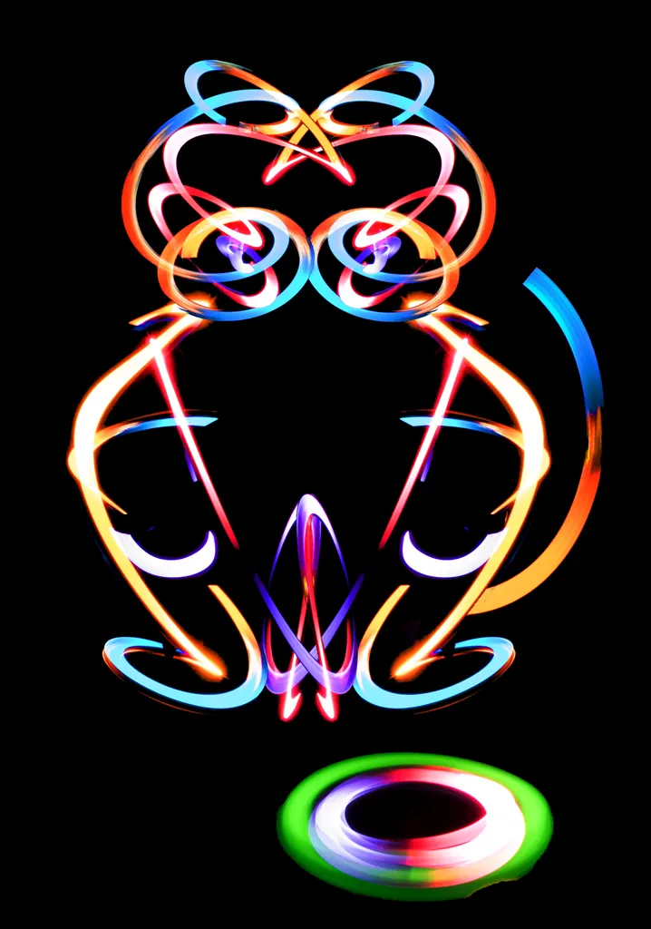 A round seated cat with a curled tail, formed from gold, coral and blue light trails, mirrored left to right, on black.