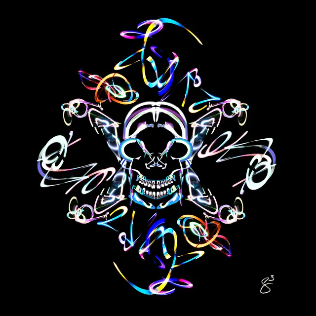 A white-and-blue skull ringed by flourishes of violet, cyan and pink light trails, mirrored left to right, on black.